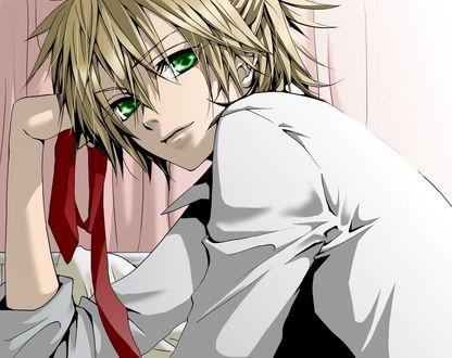 Обои на рабочий стол Vocaloid Kagamine Len / Вокалоид Кагамине Лен держит в руке красный галстук