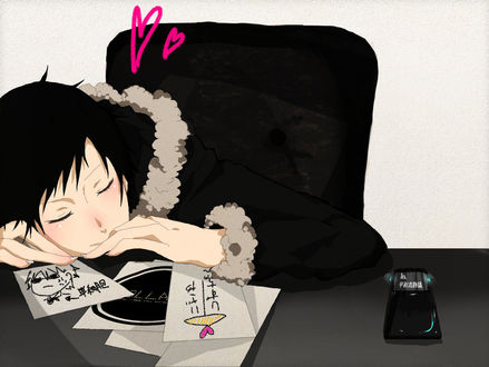 Обои на рабочий стол Orihara Izaya / Орихара Изая из аниме Durarara / Дюрарара спит на столе