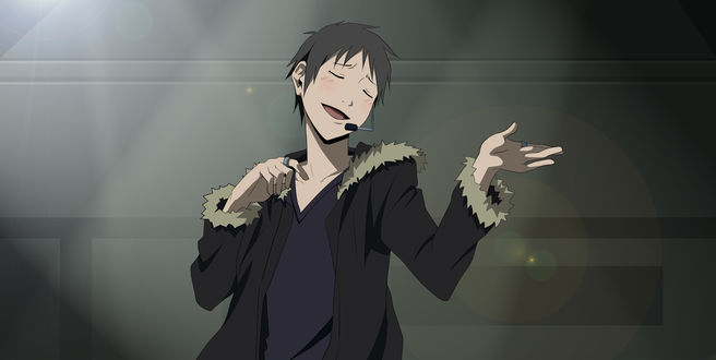 Обои на рабочий стол Orihara Izaya / Орихара Изая из аниме Durarara / Дюрарара поет песни