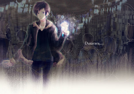 Обои на рабочий стол Orihara Izaya / Орихара Изая из аниме Durarara / Дюрарара в очертаниях проходящих мимо него людей