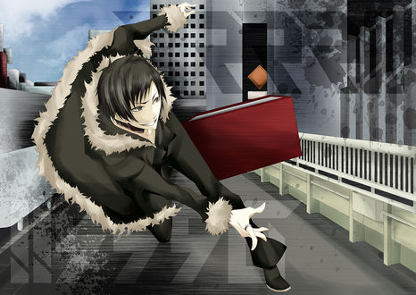 Обои на рабочий стол Orihara Izaya / Орихара Изая из аниме Durarara / Дюрарара убегает от летящего на него красного ящика
