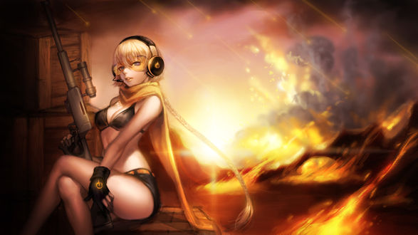 Обои на рабочий стол Vocaloid SeeU / Вокалоид СиЮ с винтовкой в руке, art by Ekdlem