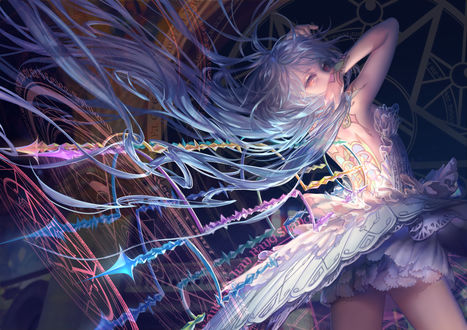 Обои на рабочий стол Персонаж Mahou Shoujo / Махоу Седзе в белом платье, из спины которой появляются копья, аниме Сайт волшебниц / Mahou Shoujo Site