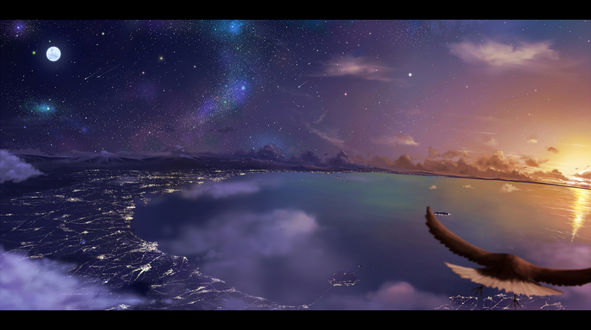 Обои на рабочий стол Орел, летящей над водой, на фоне звездного неба, art by pei (sumurai)