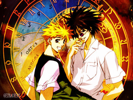 Обои на рабочий стол Обои Amano Ginji / Амано Гинджи и Ban Mido / Бан Мидо на фоне больших часов из аниме Getbackers / Агенство по возврату утраченного