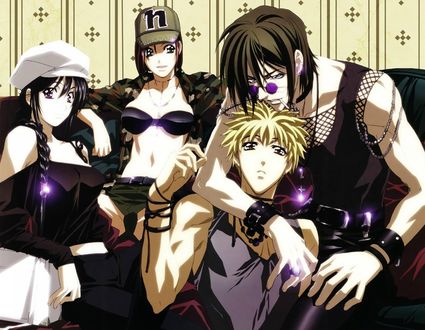 Обои на рабочий стол Amano Ginji / Амано Гинджи и Ban Mido / Бан Мидо и две девушки из аниме Getbackers / Агенство по возврату утраченного