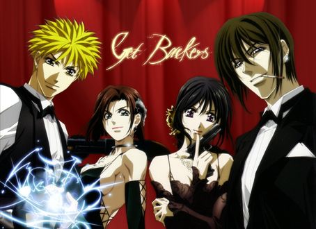 Обои на рабочий стол Обои Amano Ginji / Амано Гинджи и Ban Mido / Бан Мидо и две девушки из аниме Getbackers / Агенство по возврату утраченного