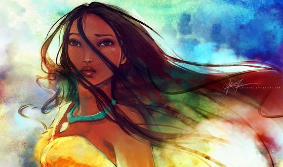Обои на рабочий стол Покахонтас / Pocahontas с развевающимися волосами, художник Alicexz