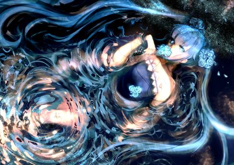Обои на рабочий стол Вокалоид Хатсуне Мику / Vocaloid Hatsune Miku в воде с букетиком цветов в руке