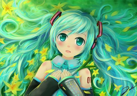Обои на рабочий стол Вокалоид Хатсуне Мику / Vocaloid Hatsune Miku лежит среди желтых цветов, которые запутались в ее волосах