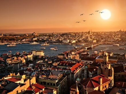 Обои на рабочий стол Закат солнца над Стамбулом / Istanbul, Turkey / Турция