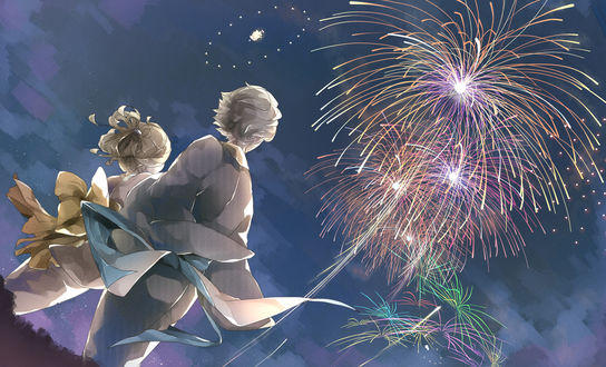 Обои на рабочий стол Девушка и парень смотрят на фейерверки в небе, t, art by mizutamari tori
