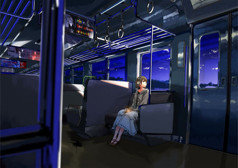 Обои на рабочий стол Девушка в наушниках смотрит в окно поезда, art by kuronokuro
