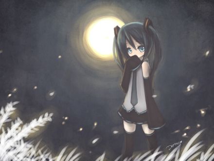 Обои на рабочий стол Вокалоид Хатсуне Мику на фоне ночного неба и полной луны, автор Doring