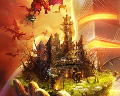 Обои на рабочий стол Эпизод из игры Majesty 2 monster kingdom, красные драконы кружат над замком, один из них несет корову