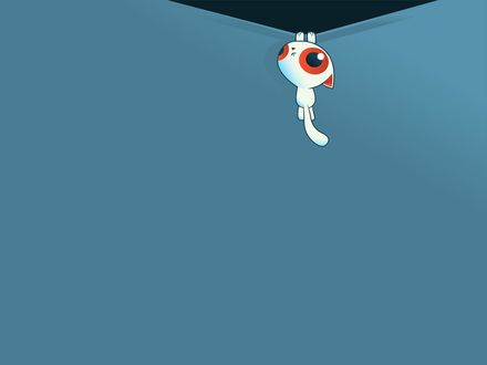 Обои на рабочий стол Маленький белый нарисованный котик с красными глазами висит на крае экрана