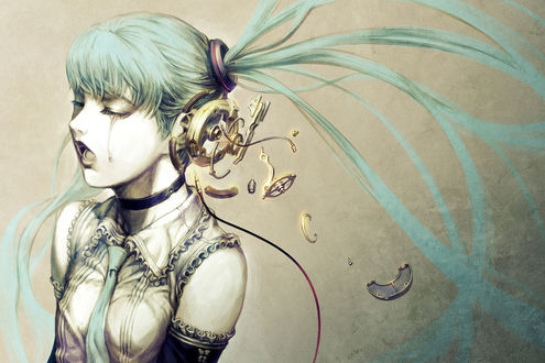 Обои на рабочий стол Плачущая Vocaloid Hatsune Miku / Вокалоид Хатсуне Мику поет