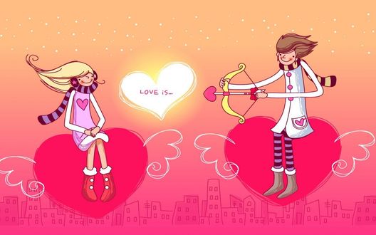 Обои на рабочий стол Парень стреляет из лука в сердце рядом сидит девушка