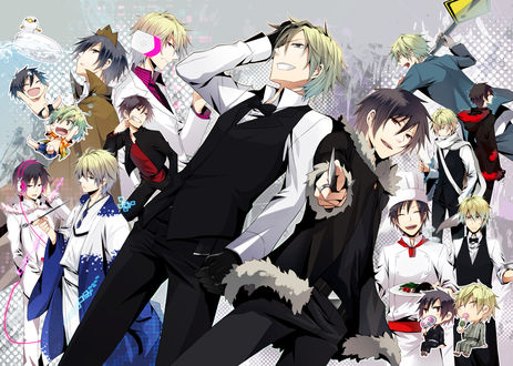 Обои на рабочий стол Delic / Делик, Heiwajima Shizuo / Хэйваджима Шизуо, Hibiya / Хибия, Orihara Izaya / Орихара Изая, Psyche / Психи и Tsugaru / Тсугару из аниме Durarara!/Дюрарара!