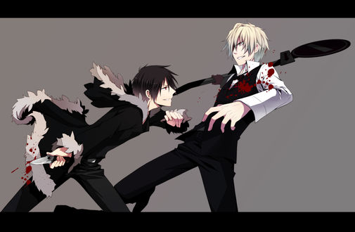 Обои на рабочий стол Orihara Izaya / Орихара Изая и Heiwajima Shizuo / Хэйваджима Шизуо из аниме Durarara!/Дюрарара!