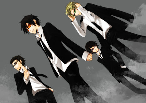 Обои на рабочий стол Heiwajima Shizuo / Хэйваджима Шизуо, Kadota Kyouhei / Кадота Кюхей, Kishitani Shinra / Кишитани Шинра и Orihara Izaya / Орихара Изая из аниме Durarara!/Дюрарара!