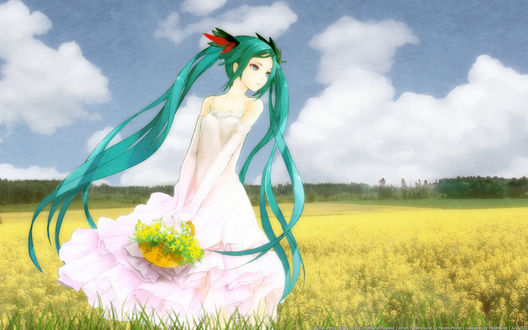Обои на рабочий стол Vocaloid Miku Hatsune / Вокалоид Мику Хатсуне в поле с корзиной цветов, art by redjuice