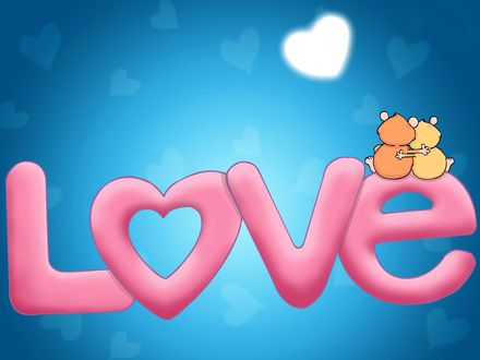 Обои на рабочий стол Два котенка в обнимку сидят на букве от слова LOVE / Любовь