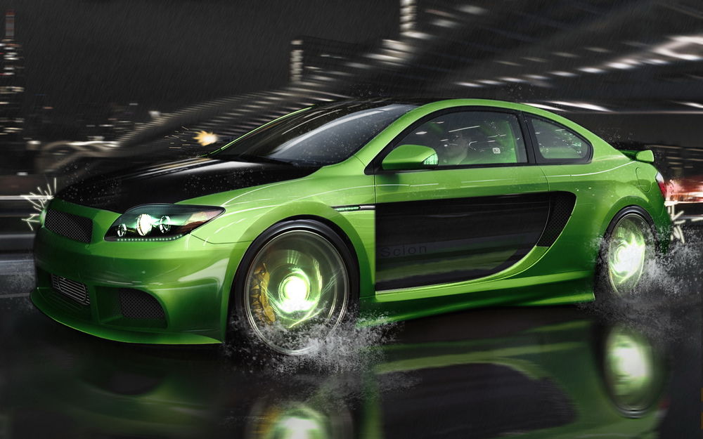 Обои для рабочего стола Зеленый спортивный автомобиль мчится под дождем по ночному городу