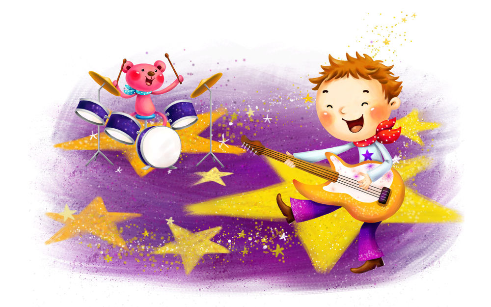 Обои для рабочего стола Мальчик играет на гитаре, как рок-звезда, на барабанах ему аккомпанирует розовый игрушечный медведь