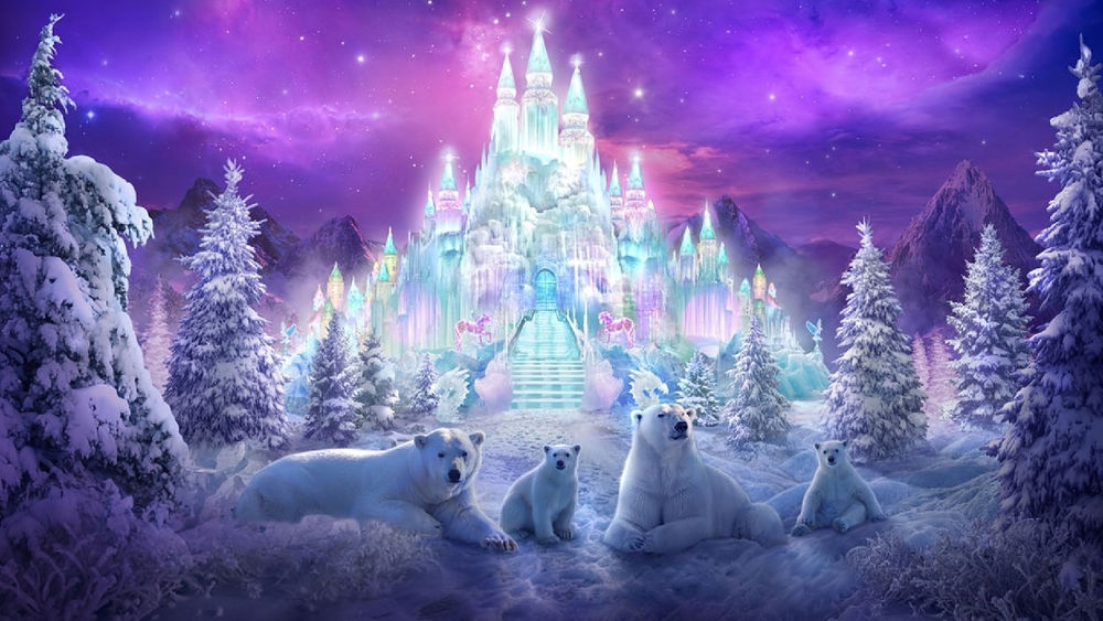 Обои для рабочего стола Семья белых медведей лежит на снегу на фоне волшебного ледяного дворца