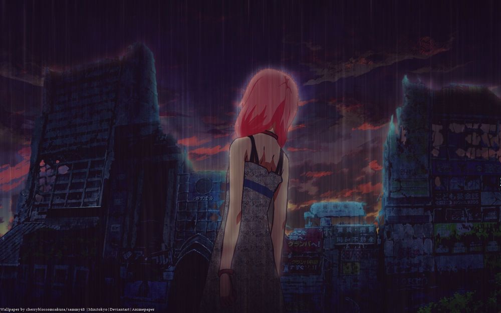 Обои для рабочего стола Девушка с рыжими волосами на фоне города под дождем, художник cherryblossomsakura