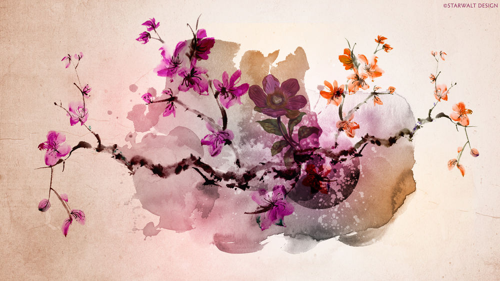 Обои для рабочего стола Абстрактная композиция из цветущих веток сакуры в японском стиле (© starwalt desidn)