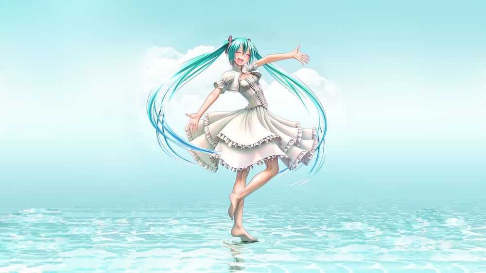 Обои для рабочего стола Смеющаяся Vocaloid Hatsune Miku / Вокалоид Хатсуне Мику стоит на поверхности воды на фоне неба