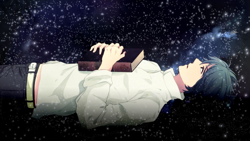 Обои для рабочего стола Вокалоид Шион Кайто / Vocaloid Shion Kaito с книгой в руках на фоне звездного неба, art by Pixiv Id 2270950