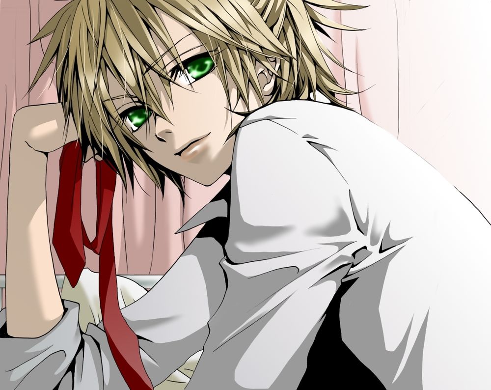Обои для рабочего стола Vocaloid Kagamine Len / Вокалоид Кагамине Лен держит в руке красный галстук