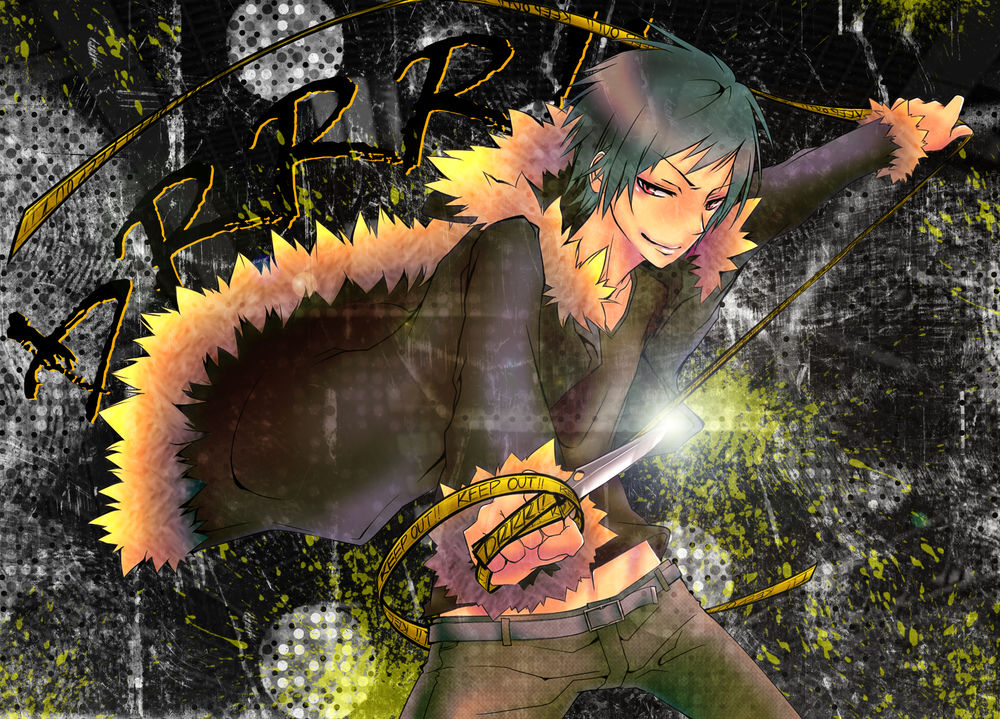 Обои для рабочего стола Orihara Izaya / Орихара Изая из аниме Durarara / Дюрарара растягивает в руках желтую ленту