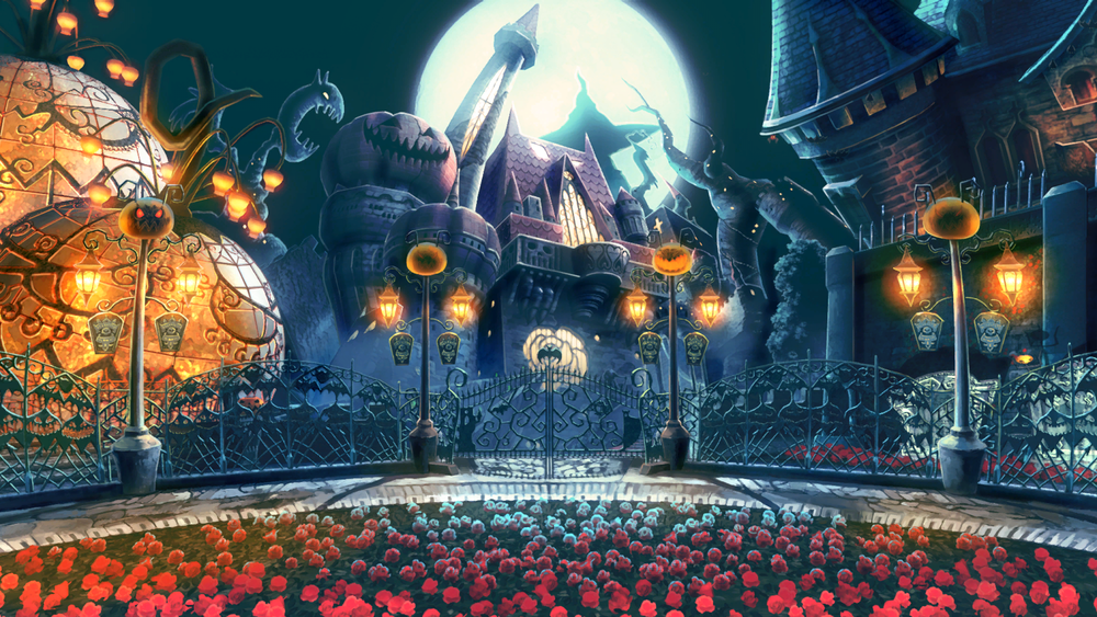 Обои для рабочего стола Сказочный замок на фоне огромной полной луны, башни замка и фонари похожи на тыквы, перед входом цветочная клумба