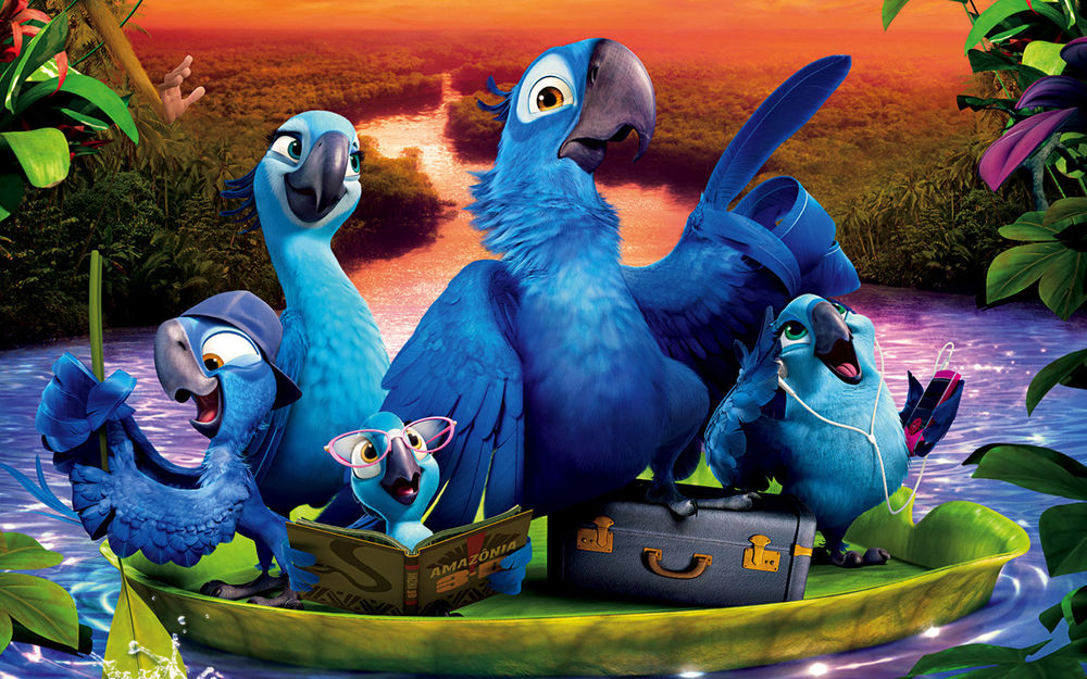 Обои для рабочего стола Герои мультфильма Рио-2 / Rio 2 Голубчик / Blu и Жемчужинка / Jewel со своими троими птенцами плывут на зеленом плоту