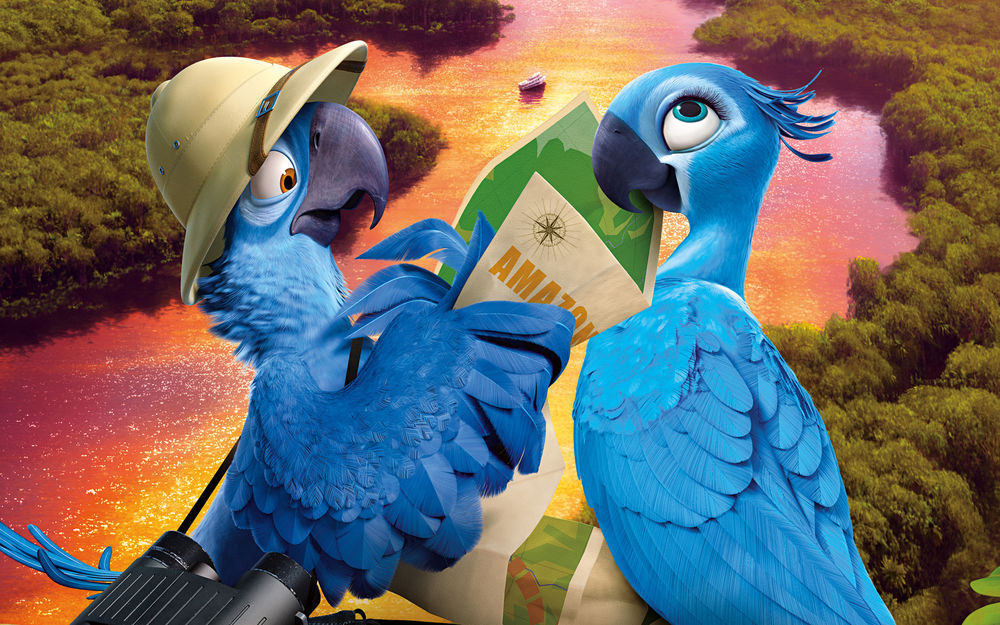 Обои для рабочего стола Герои мультфильма Рио-2 / Rio 2 Голубчик / Blu и Жемчужинка / Jewel изучают карту