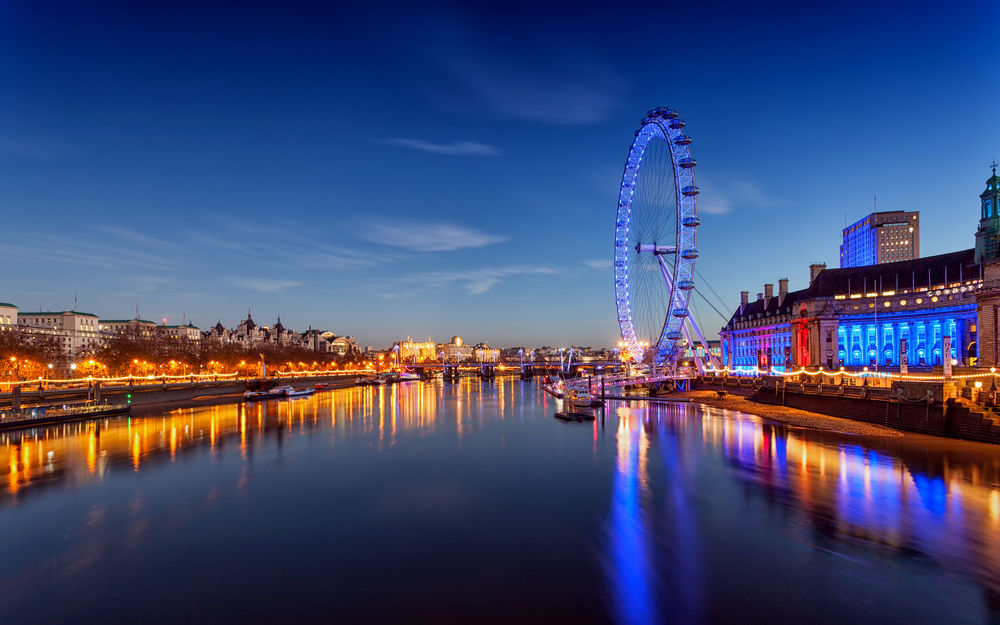 Обои для рабочего стола Набережная и колесо обозрения Лондонский глаз / London Eye, Лондон, Великобритания / London, United Kingdom