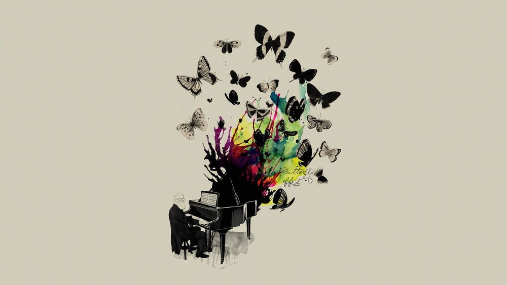 Обои для рабочего стола Пианист за причудливым фортепьяно, с множеством вылетающих из него бабочек, работа иллюстратора Матеуса Лопеса Кастро / Matheus Lopes Castro