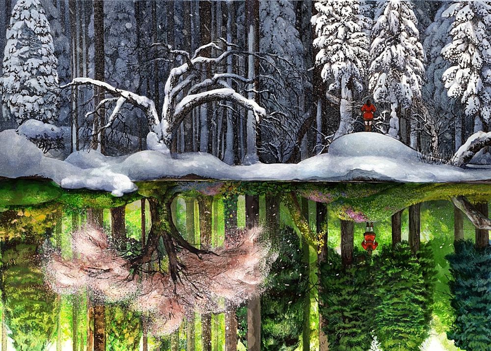 Обои для рабочего стола Отражение зимнего и летнего леса и, стоящей на опушке, девушки, арт мангаки Rib Roast