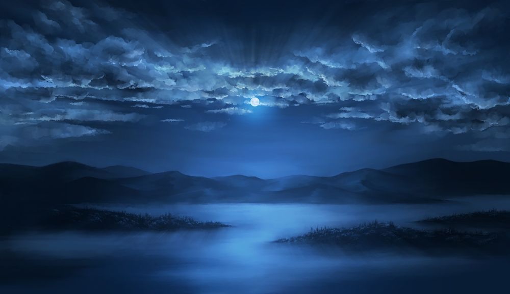 Обои для рабочего стола Полная луна на ночном небе над горами, заросшими лесами, арт мангаки Pixiv Id 843118