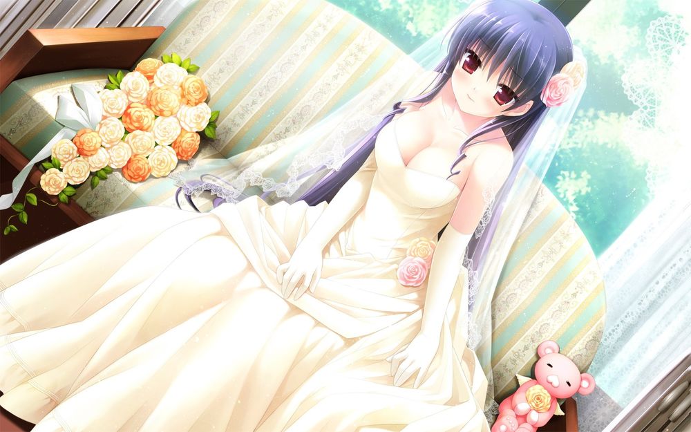 Обои для рабочего стола Девушка в белом свадебном платье сидит на софе, рядом лежит букет цветов