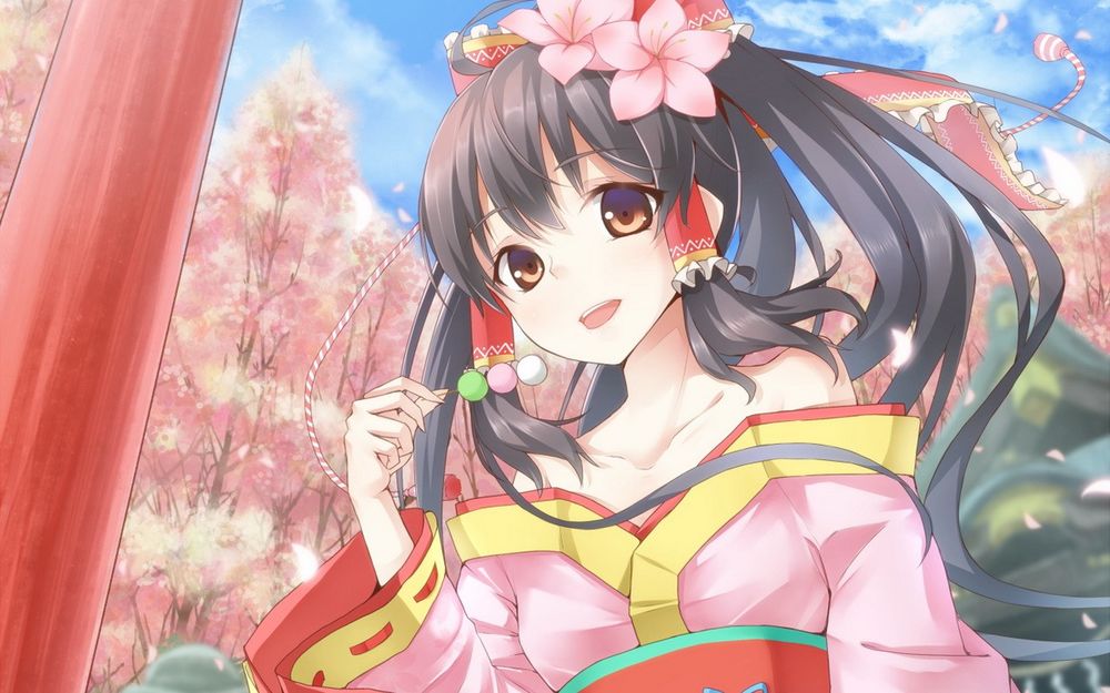 Обои для рабочего стола Девушка в ярком кимоно на фоне цветущих сакур