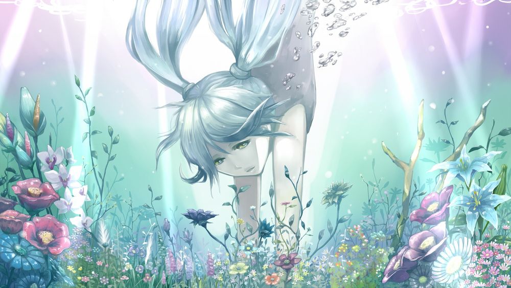 Обои для рабочего стола Вокалоид Хатсуне Мику / Vocaloid Hatsune Miku ныряет под воду, на дне растут разные цветы
