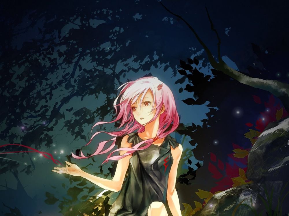 Обои для рабочего стола Yuzuriha Inori сидит у ручья под огромным деревом на фоне ночного неба из аниме Guilty Crown / Корона Грешника