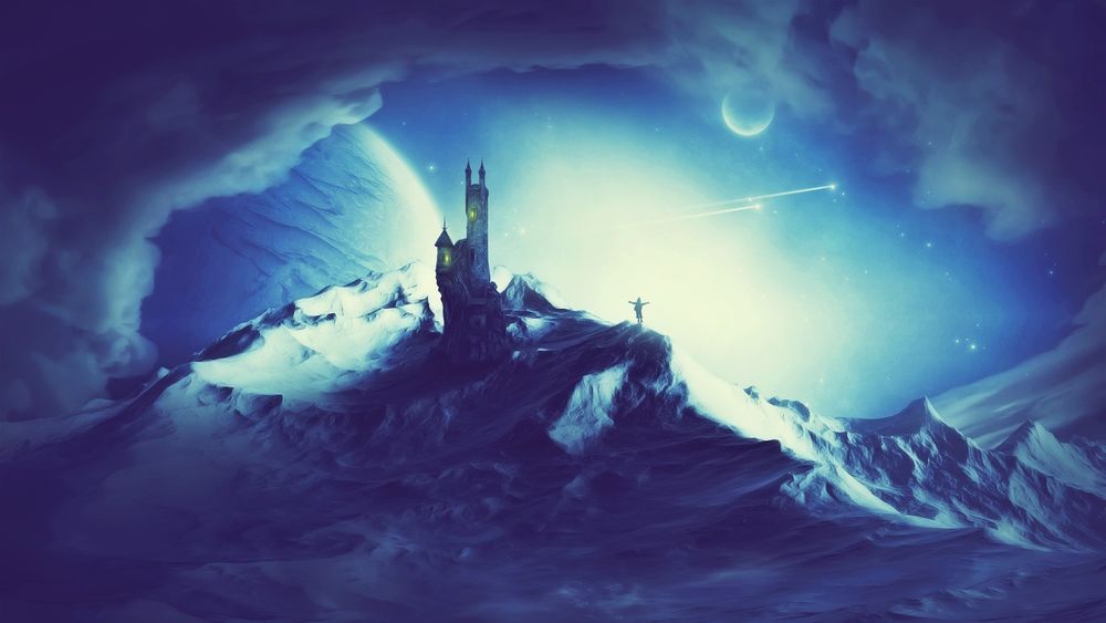 Обои для рабочего стола Замок среди заснеженных гор и маленькая фигурка человека вдалеке на фоне ночного неба