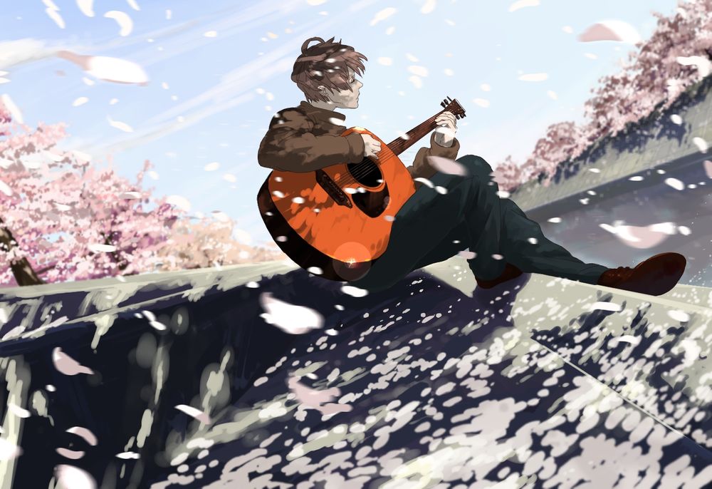 Обои для рабочего стола Парень играет на гитаре, сидя на ступеньках под падающими лепестками, kuronokuro