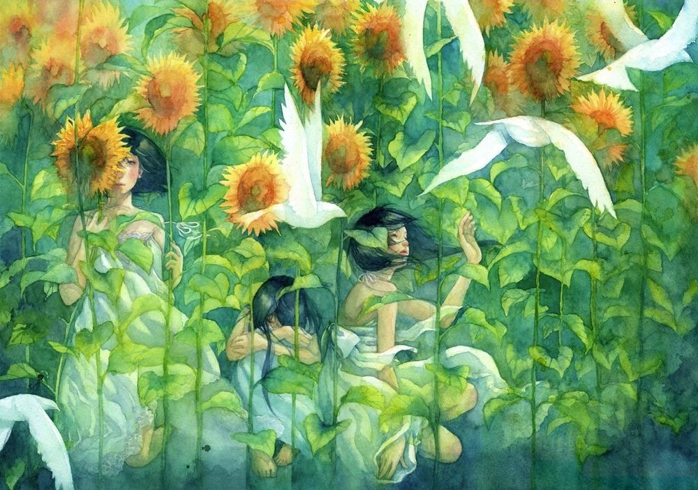 Обои для рабочего стола Три девушки среди подсолнухов, art by shuka (artist)